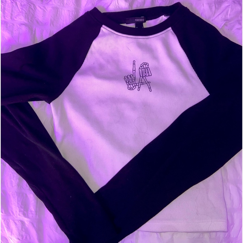 womens, small long sleeve crop top, white middle with black long sleeve